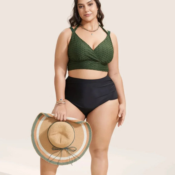 Bloomchic Plain Textured Wrap Tie Knot Swim Top size - Picture 3 of 3